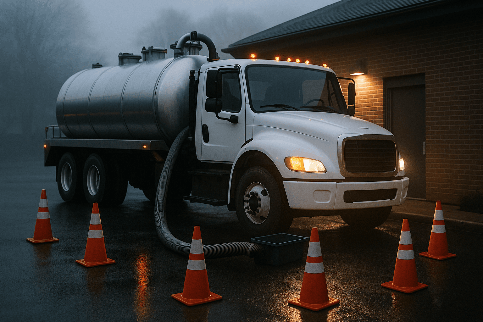 White commercial pump truck with hose connected to a collection container at a restaurant