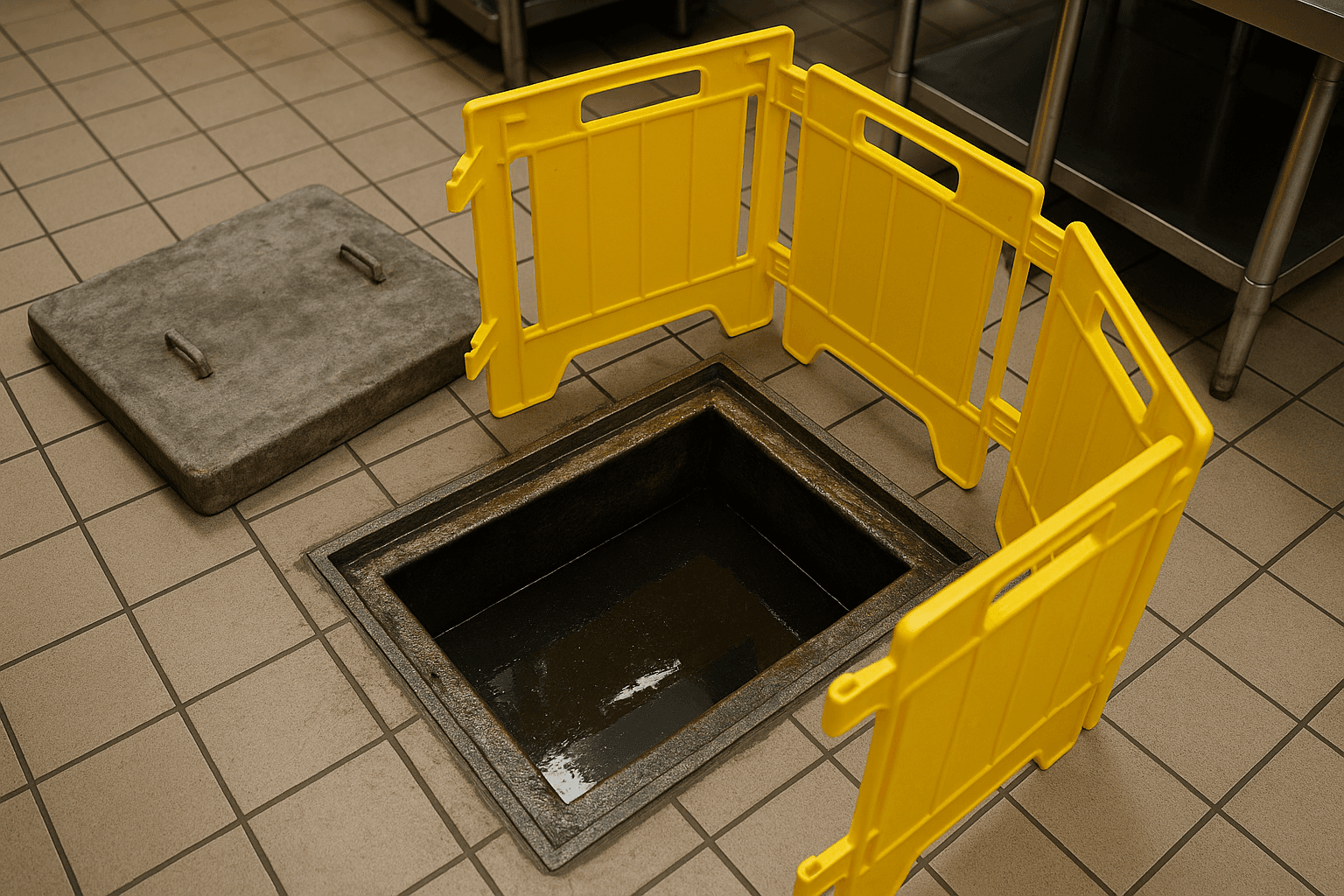 Commercial kitchen grease trap being inspected by a technician