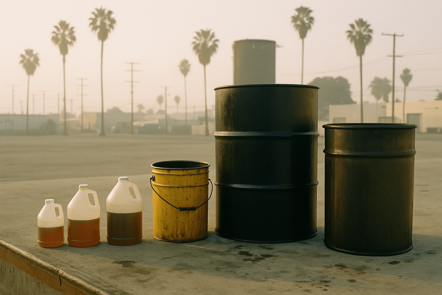 Row of different sized cooking oil disposal containers on a California loading dock