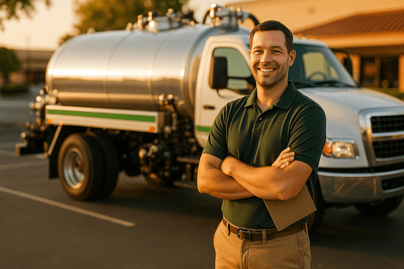 Friendly service worker standing next to a used cooking oil collection truck ready to help Southern California restaurants
