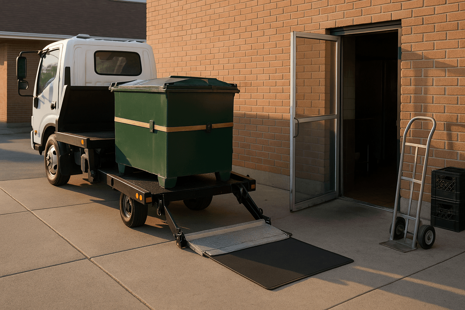Service driver delivering and positioning a cooking oil collection container at a restaurant back door