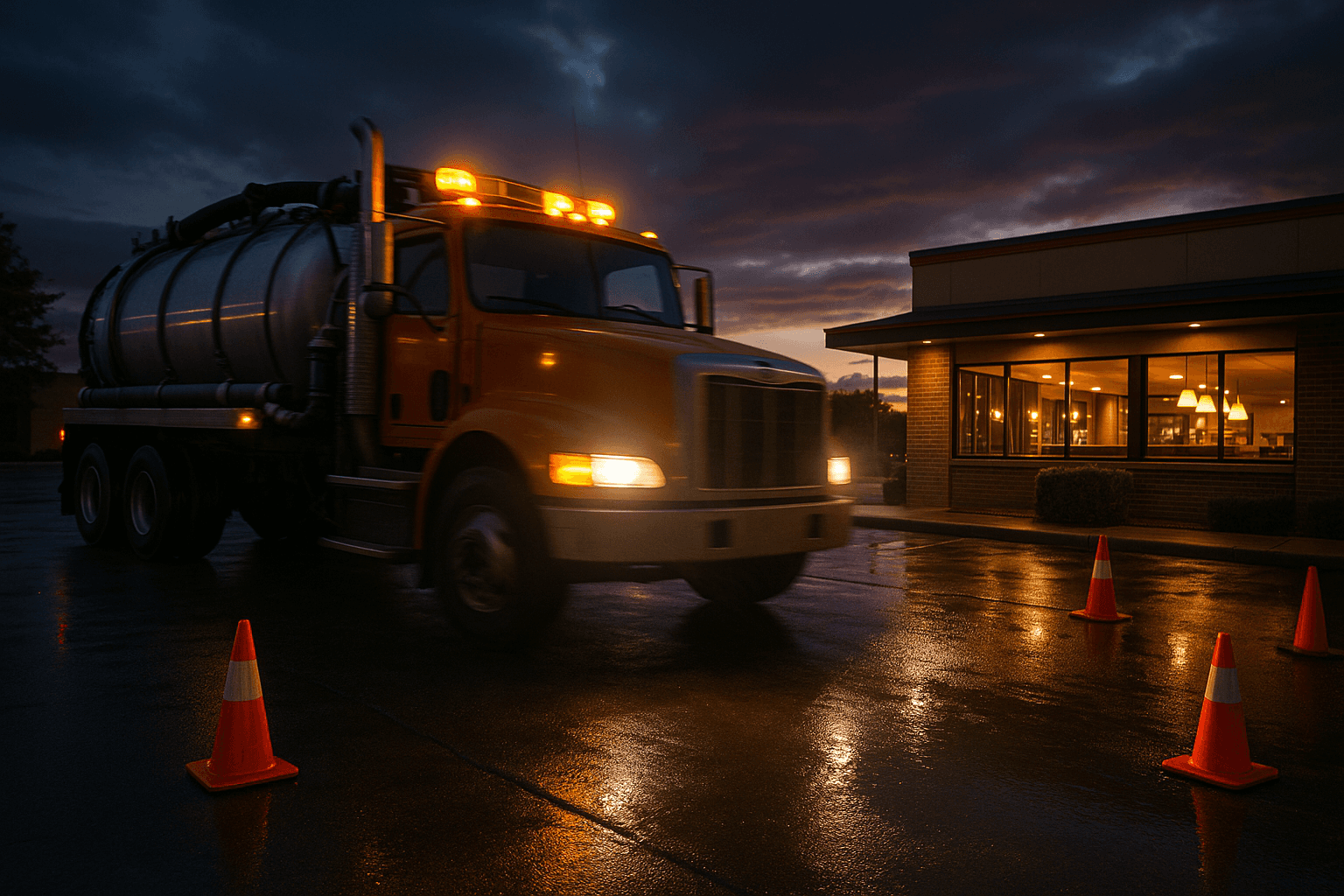Emergency grease response truck arriving at a restaurant at dusk with amber lights