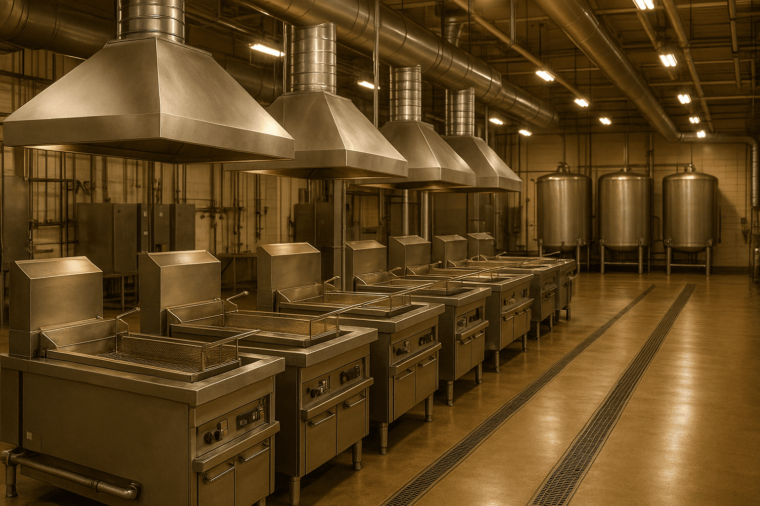 Industrial food processing facility with multiple commercial deep fryer stations and holding tanks