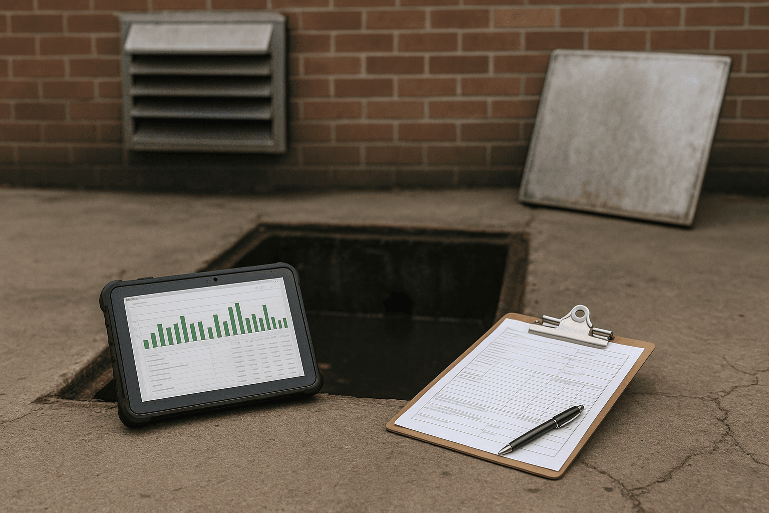 Digital service report on a tablet showing grease trap cleaning measurements and compliance records