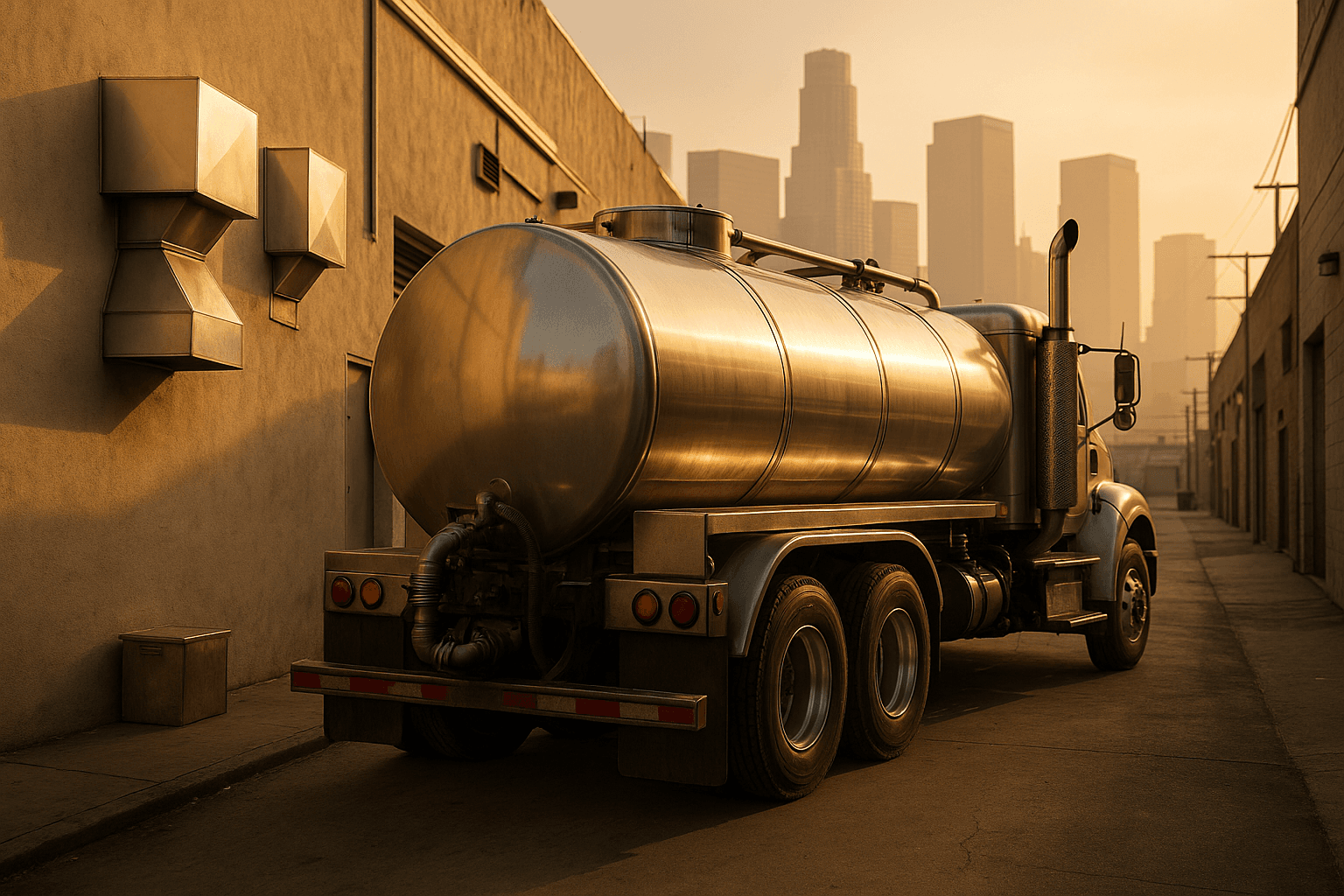 Grease collection service truck behind a restaurant in the Los Angeles restaurant district